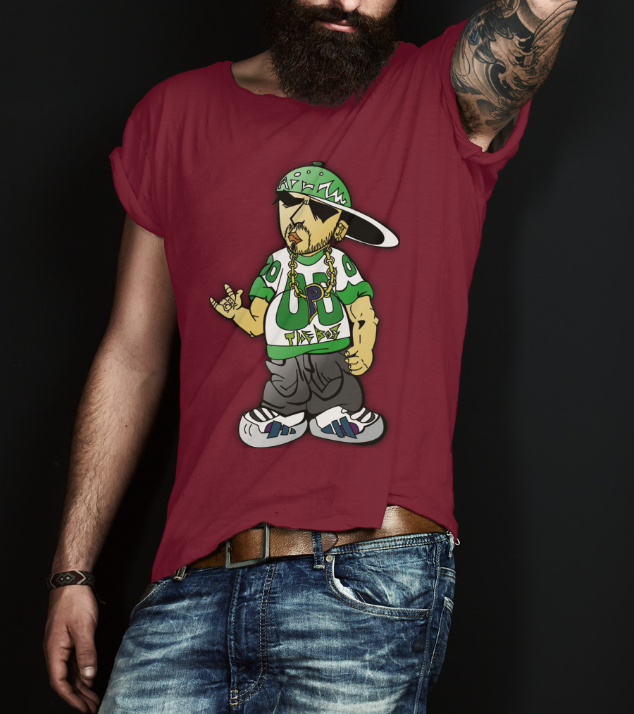 HipHop Cartoon Character With UP The Posse On Green Snapback And Chain T-Shirt