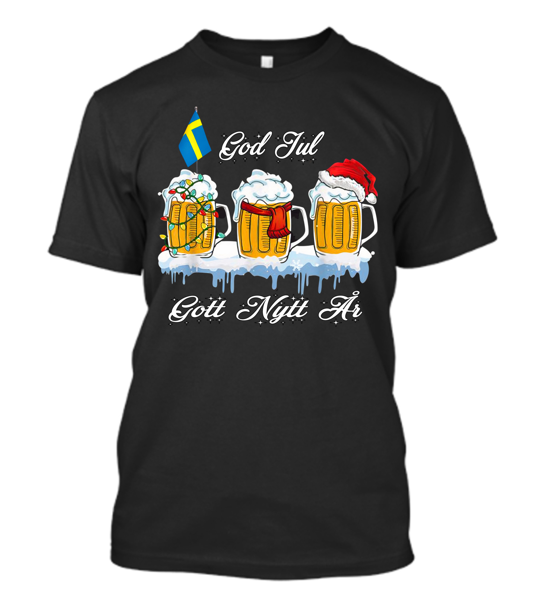 God Jul Gott Nytt År Swedish Christmas Beer Mugs With Santa Hat And Flag T-Shirt