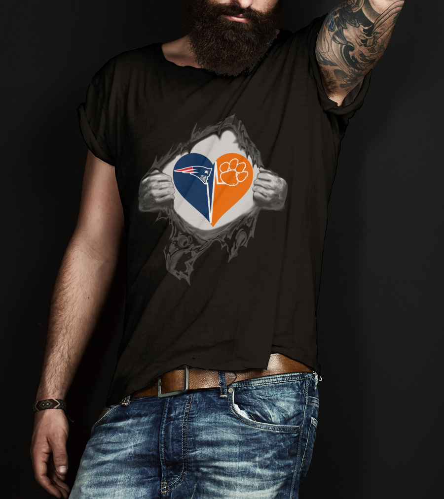 New England Patriots Heart And Clemson Tigers Paw Inside Ripped T-Shirt