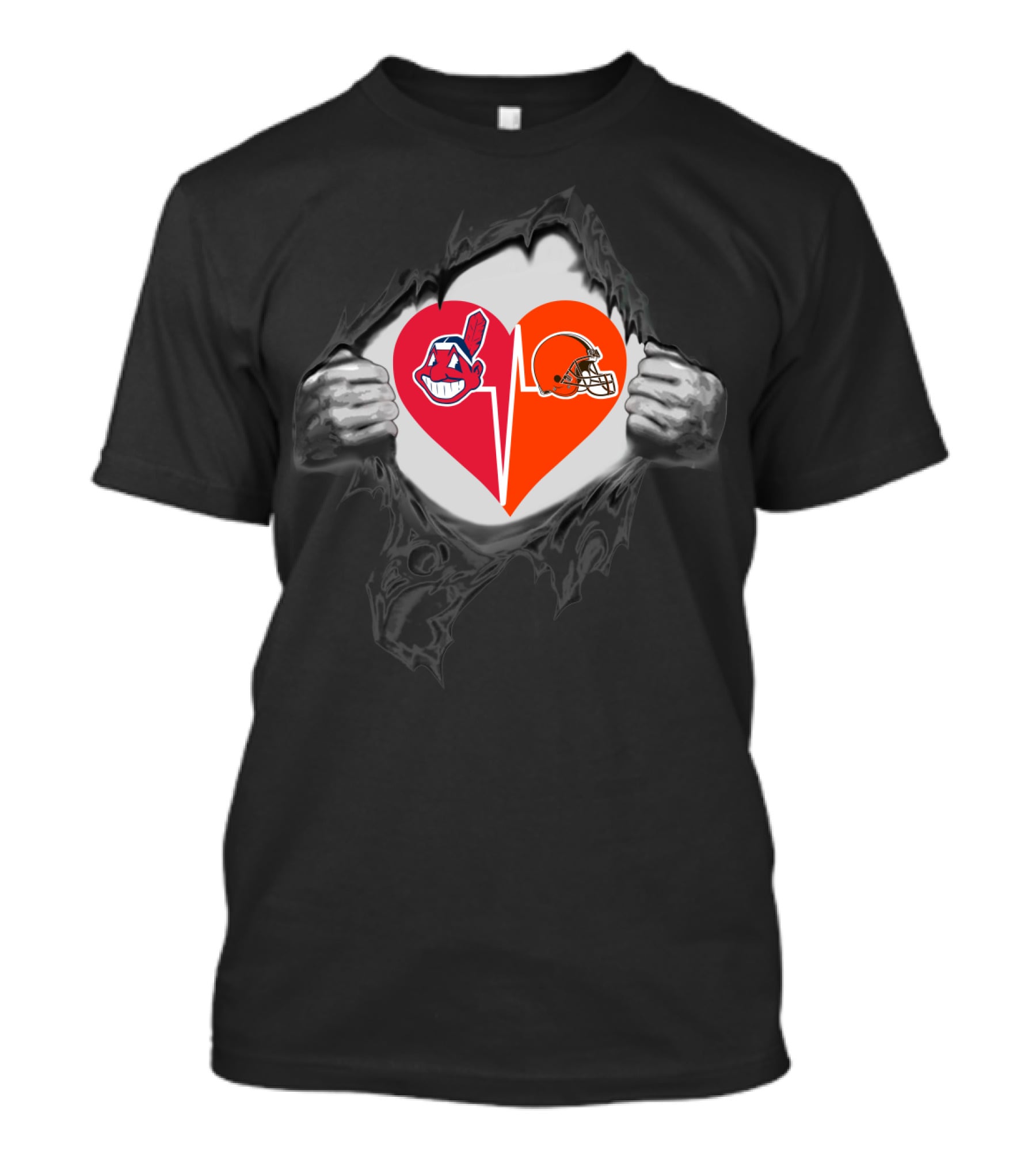Cleveland Browns Heart With Cleveland Indians Logo Inside Torn Chest T-Shirt
