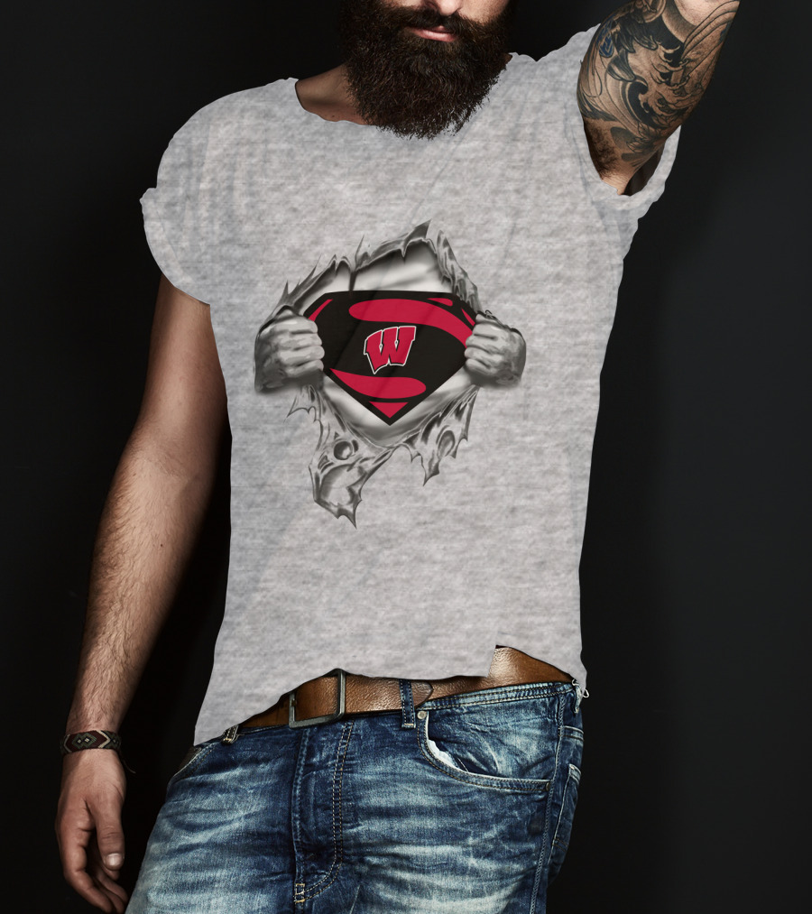 Wisconsin Badgers Superman Logo Ripped Chest T-Shirt