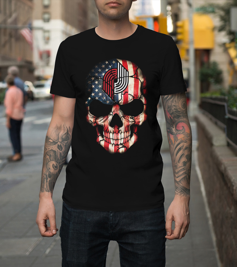 Portland Trail Blazers American Flag Skull T-Shirt