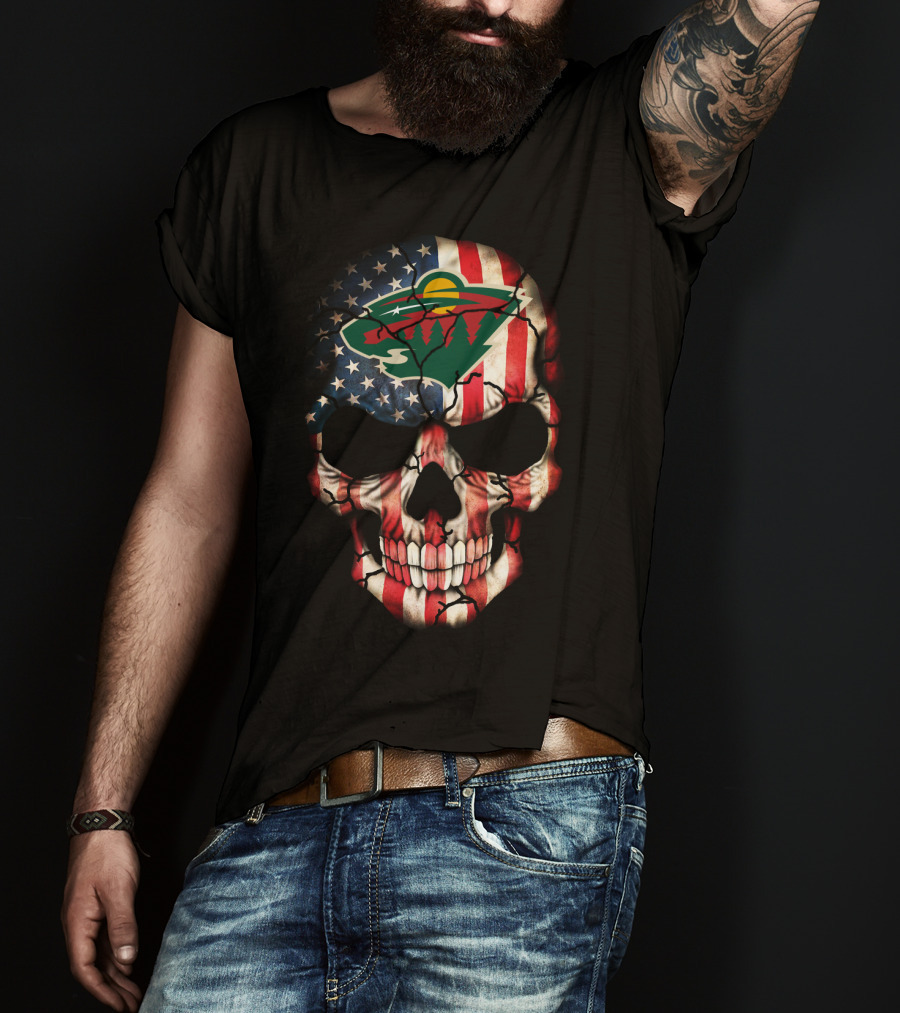 Minnesota Wild American Flag Skull T-Shirt