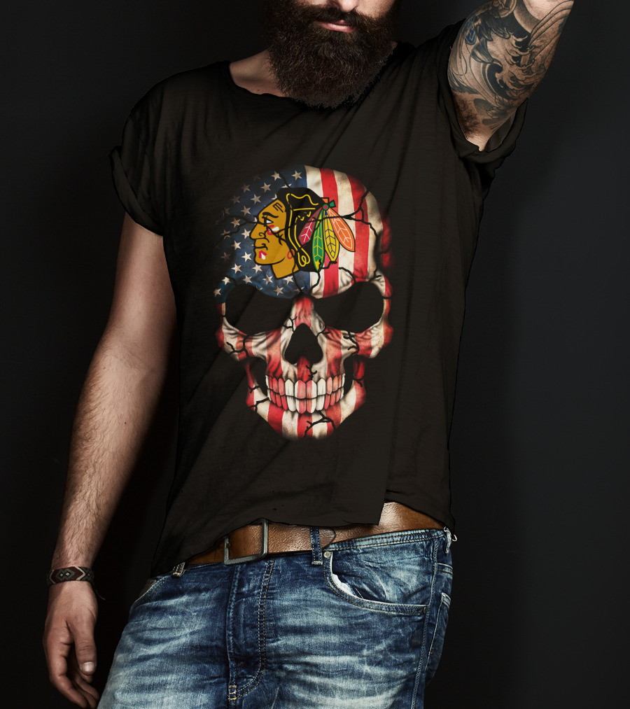 Chicago Blackhawks Skull American Flag T-Shirt