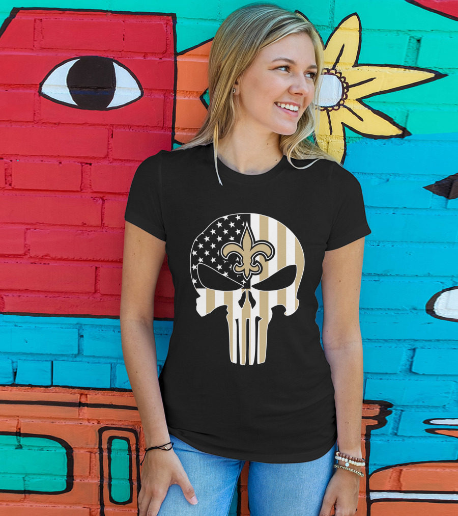 Saints Punisher Skull American Flag Fleur-De-Lis T-Shirt