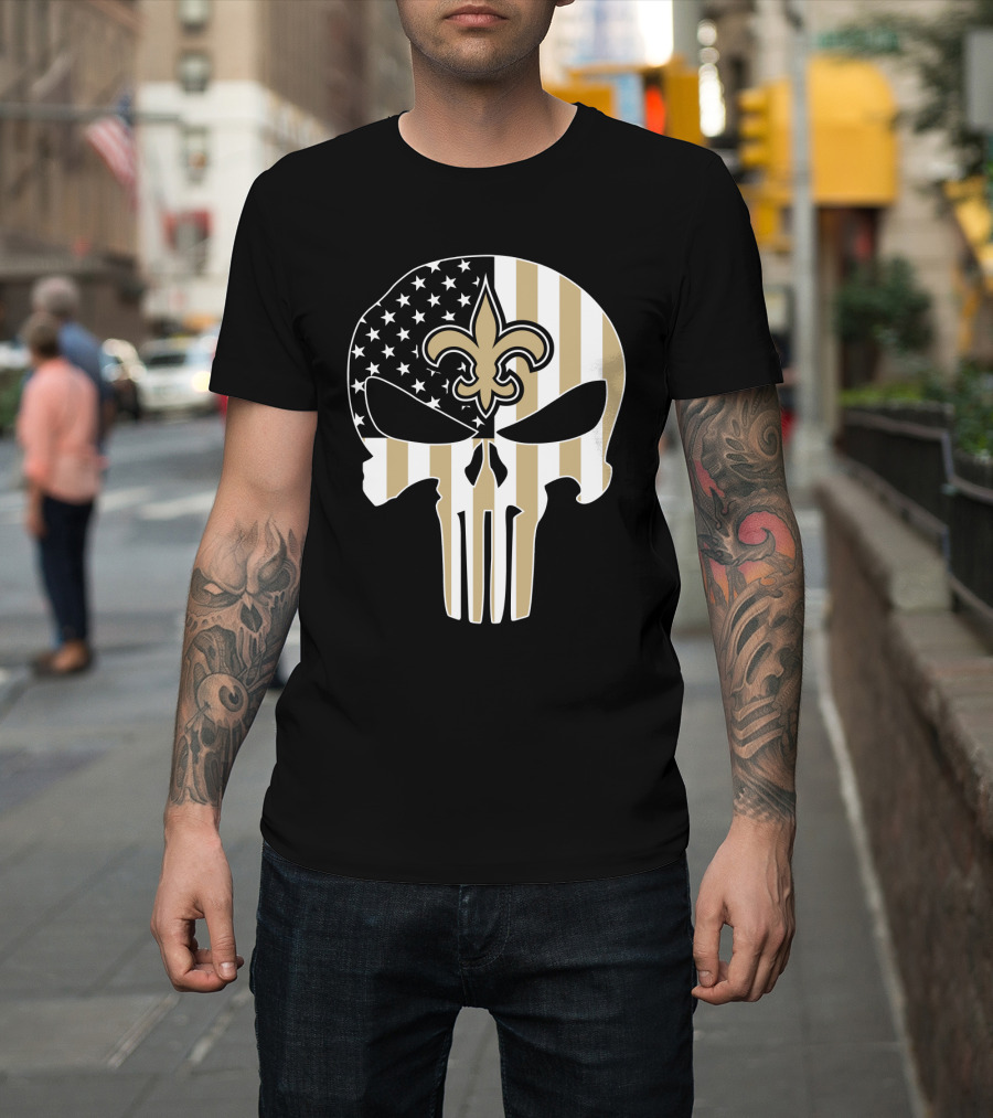 Saints Punisher Skull American Flag Fleur-De-Lis T-Shirt
