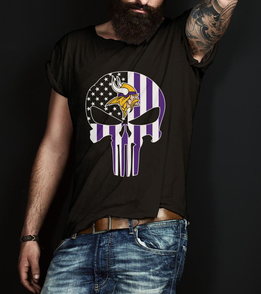Minnesota Vikings Punisher American Flag Skull T-Shirt
