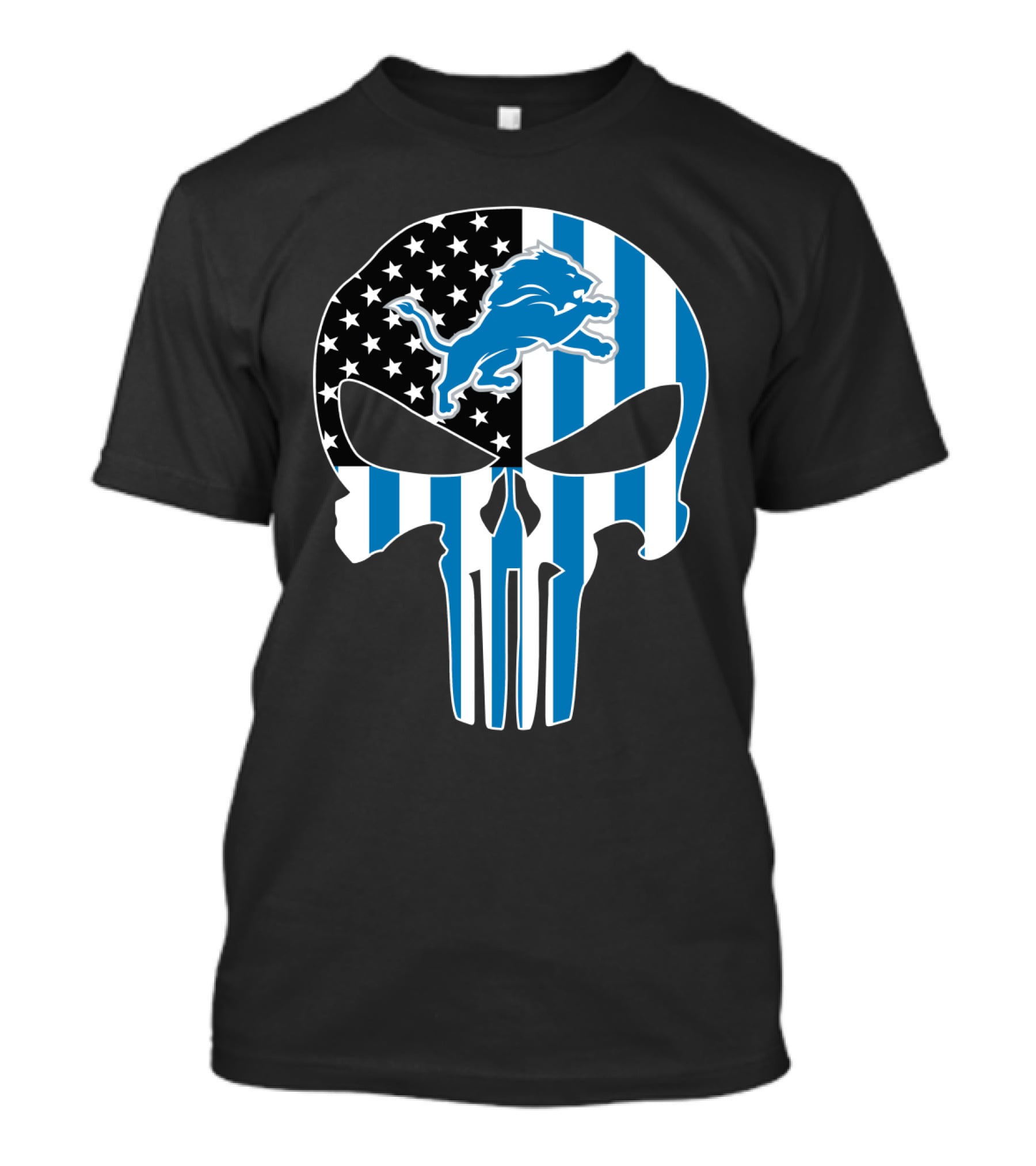 Detroit Lions Punisher Skull Logo American Flag T-Shirt
