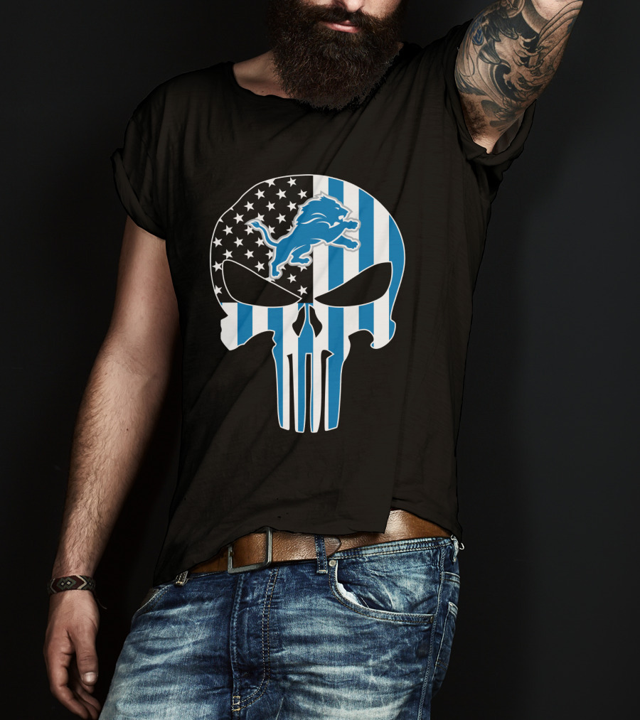 Detroit Lions Punisher Skull Logo American Flag T-Shirt