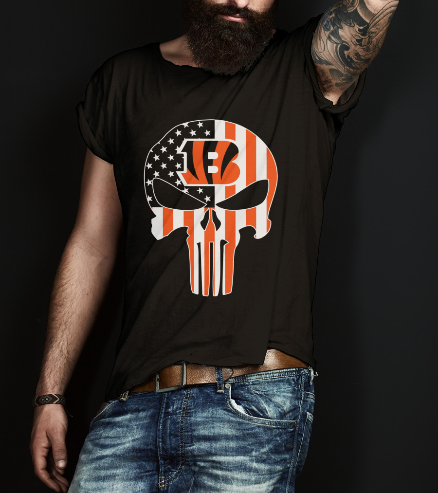 Bengals Skull American Flag Stripes T-Shirt
