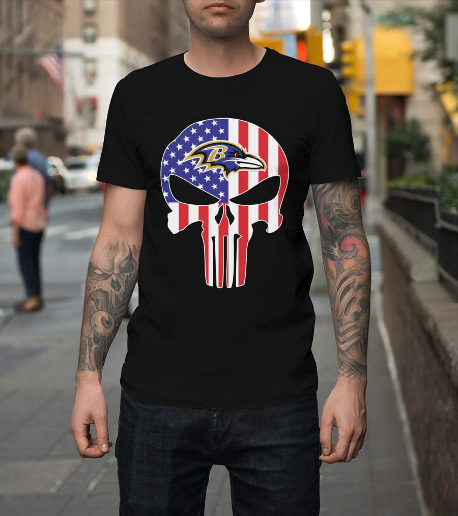 Ravens Skull American Flag Punisher Style T-Shirt