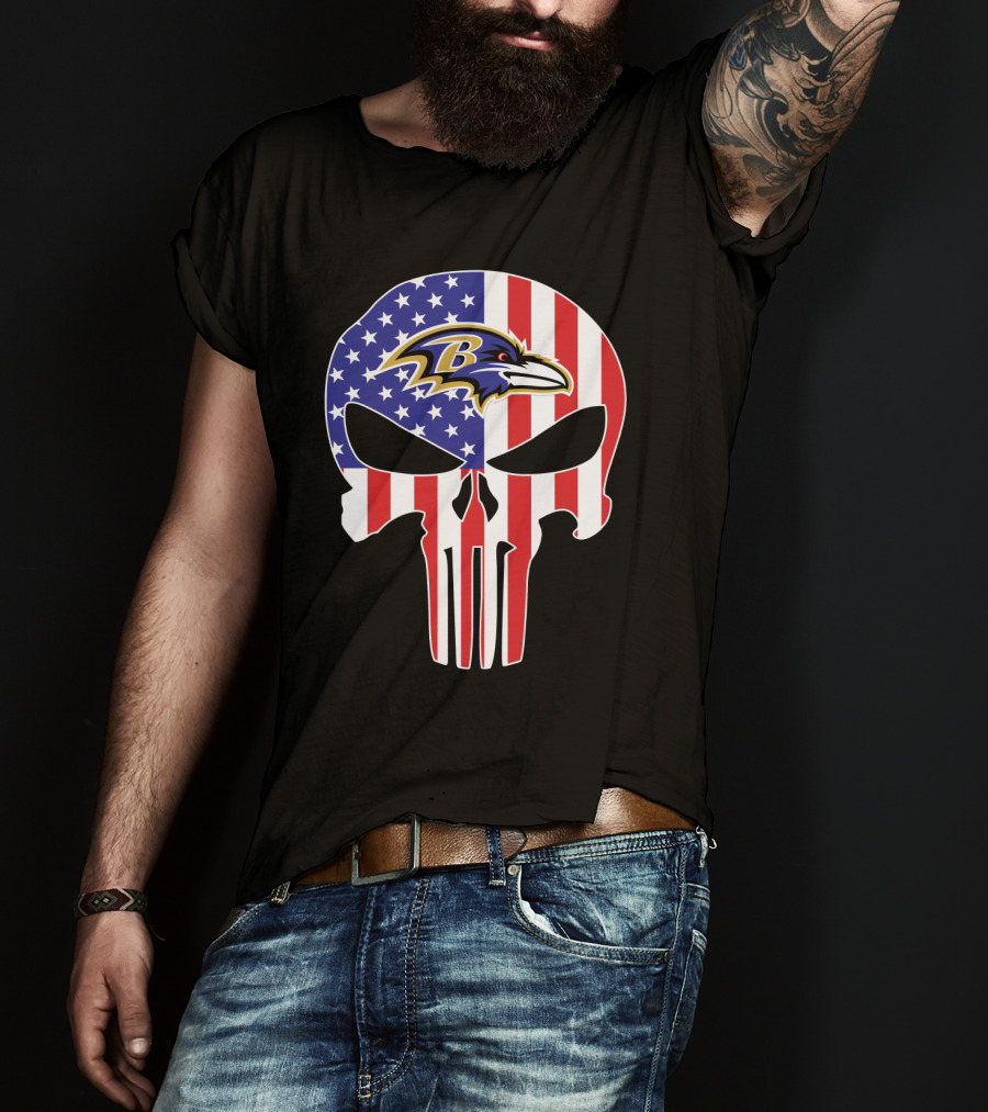 Ravens Skull American Flag Punisher Style T-Shirt
