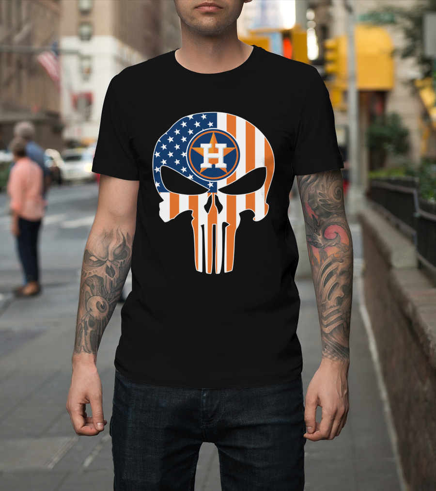 Houston Astros American Flag Skull Punisher Style T-Shirt