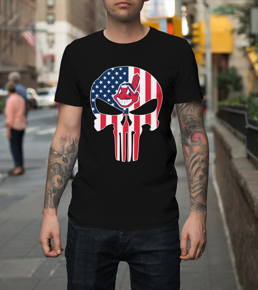 Cleveland Indians Punisher Skull American Flag T-Shirt