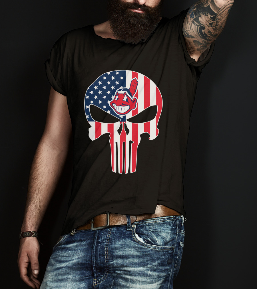 Cleveland Indians Punisher Skull American Flag T-Shirt
