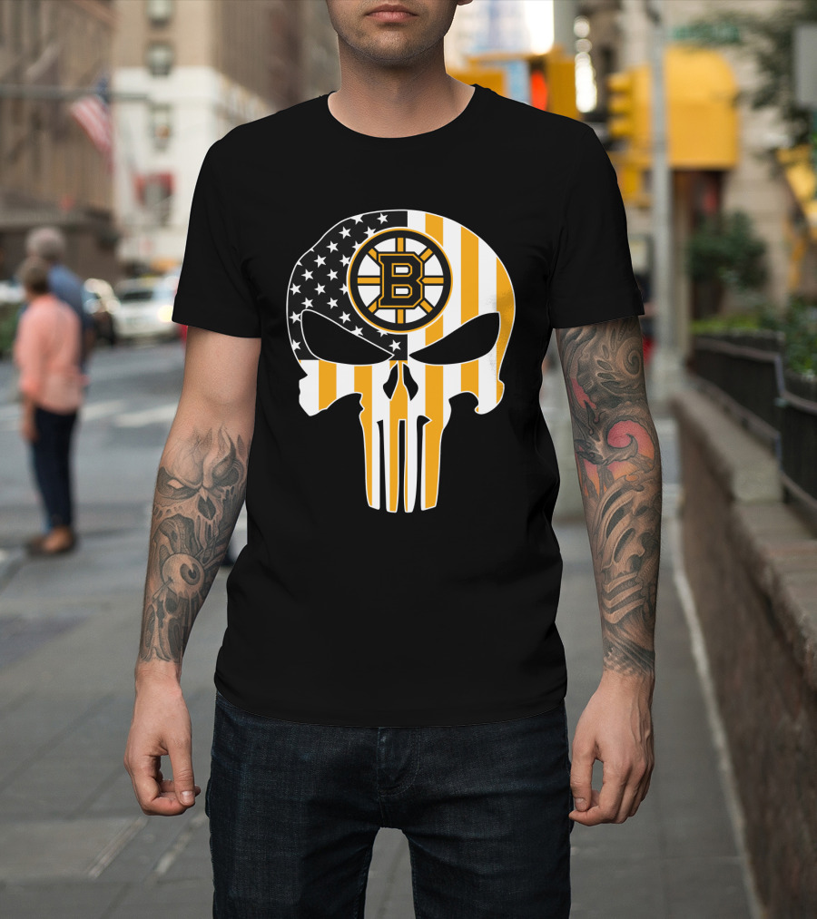 Boston Bruins Punisher Skull American Flag T-Shirt