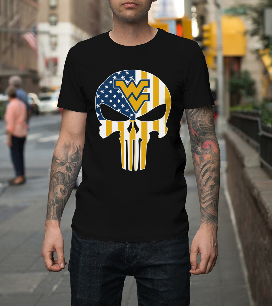 Wv American Flag Punisher Style West Virginia Mountaineers T-Shirt
