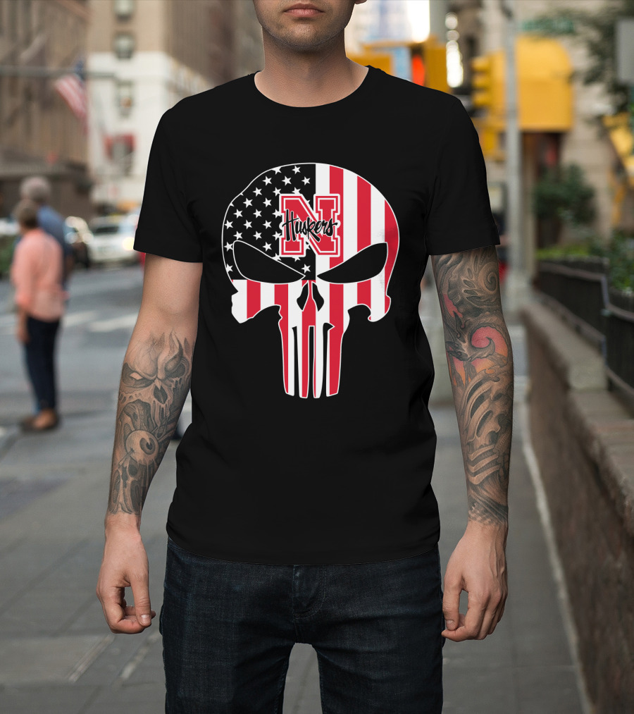 Nebraska Cornhuskers American Flag Skull Punisher T-Shirt