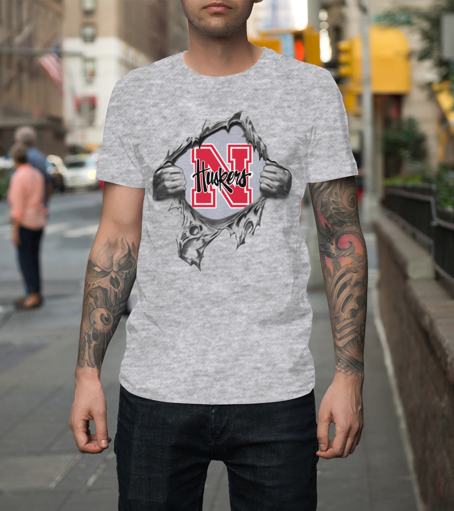 Nebraska Huskers Logo Inside Ripped Design With Hands And Red N T-Shirt