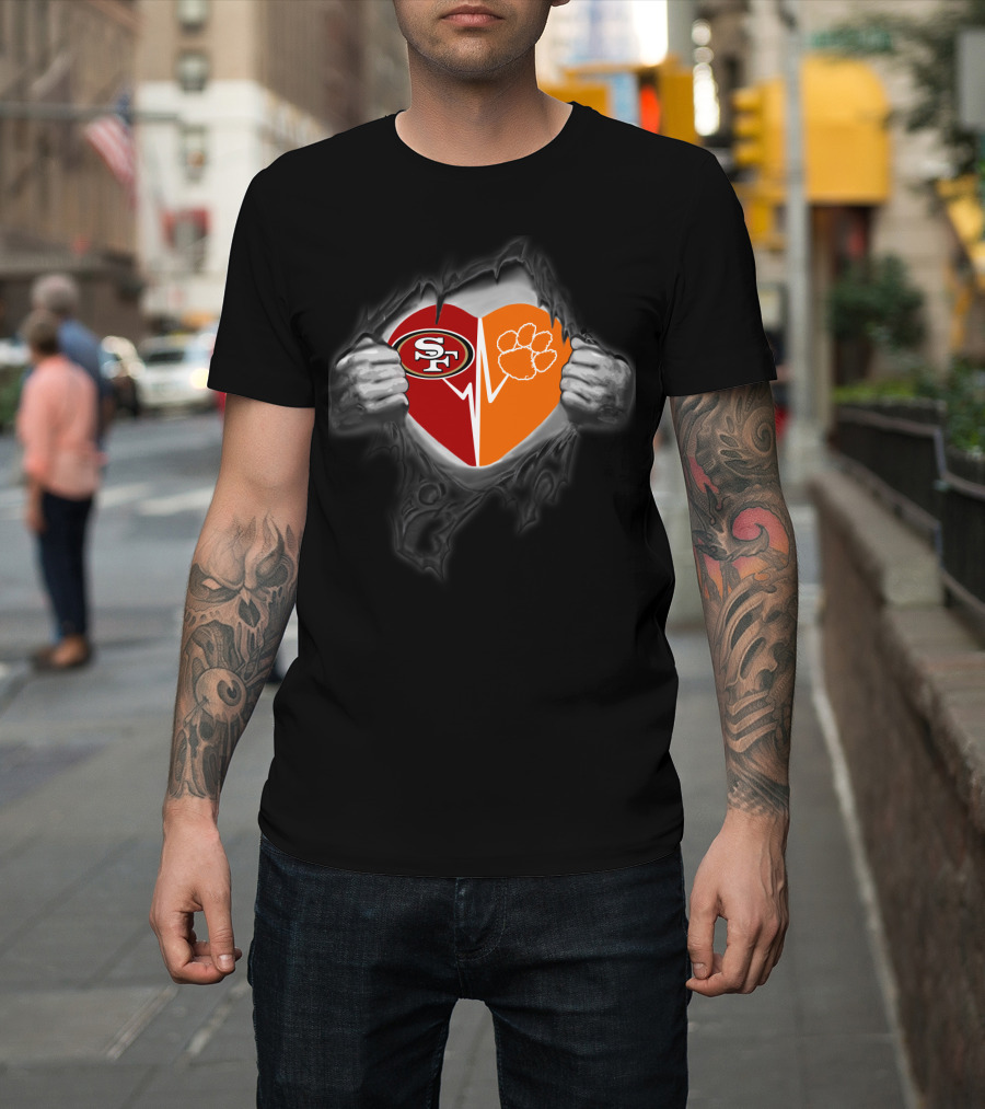 Clemson Tigers Heartbeat With San Francisco 49ers Logo Fusion T-Shirt