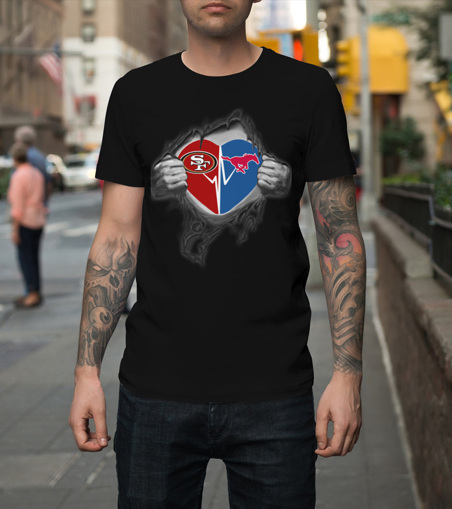 San Francisco 49ers Heart With Smu Mustangs Logo On Distressed Black T-Shirt