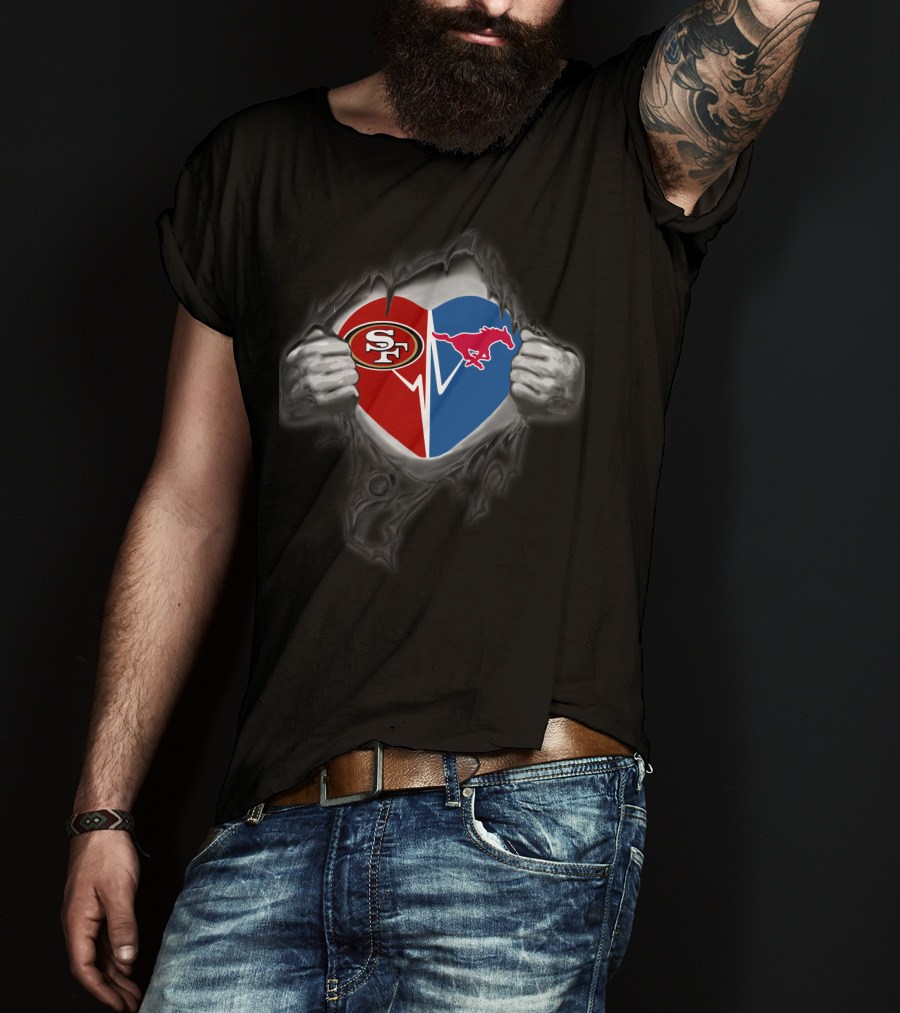 San Francisco 49ers Heart With Smu Mustangs Logo On Distressed Black T-Shirt