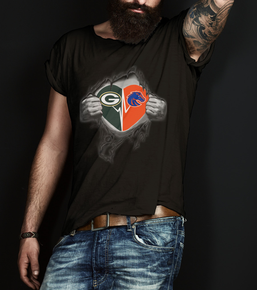 Green Bay Packers And Boise State Broncos Heart T-Shirt