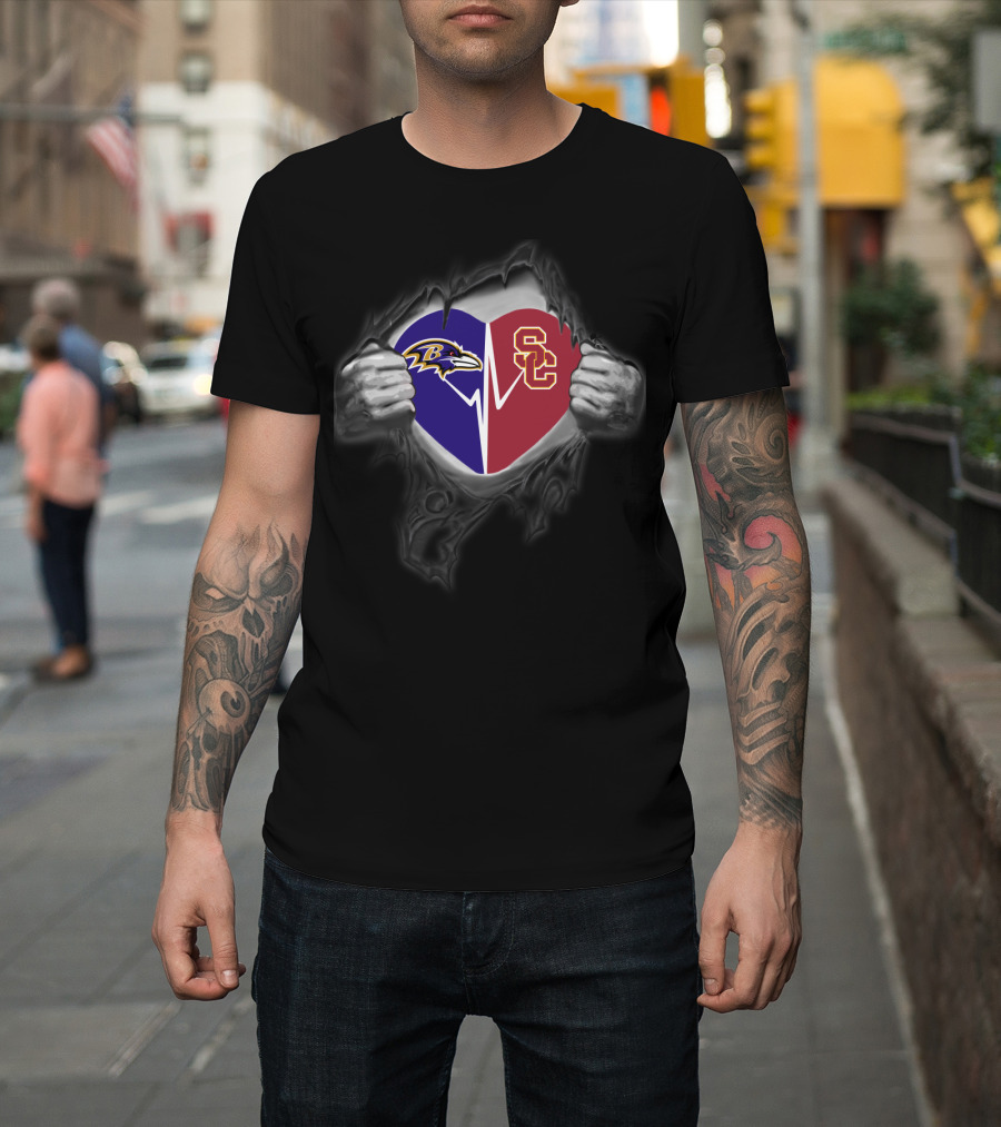 Baltimore Ravens Usc Trojans Heartbeat Split T-Shirt