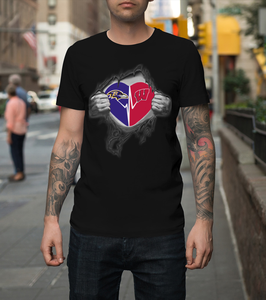 Baltimore Ravens Wisconsin Badgers Heart Logo Fusion T-Shirt