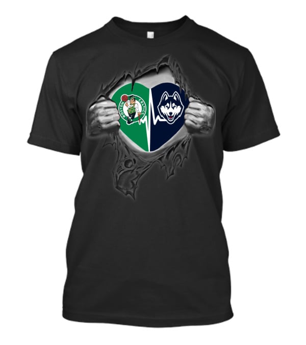 Boston Celtics And Uconn Huskies Heart Logo Fusion T-Shirt