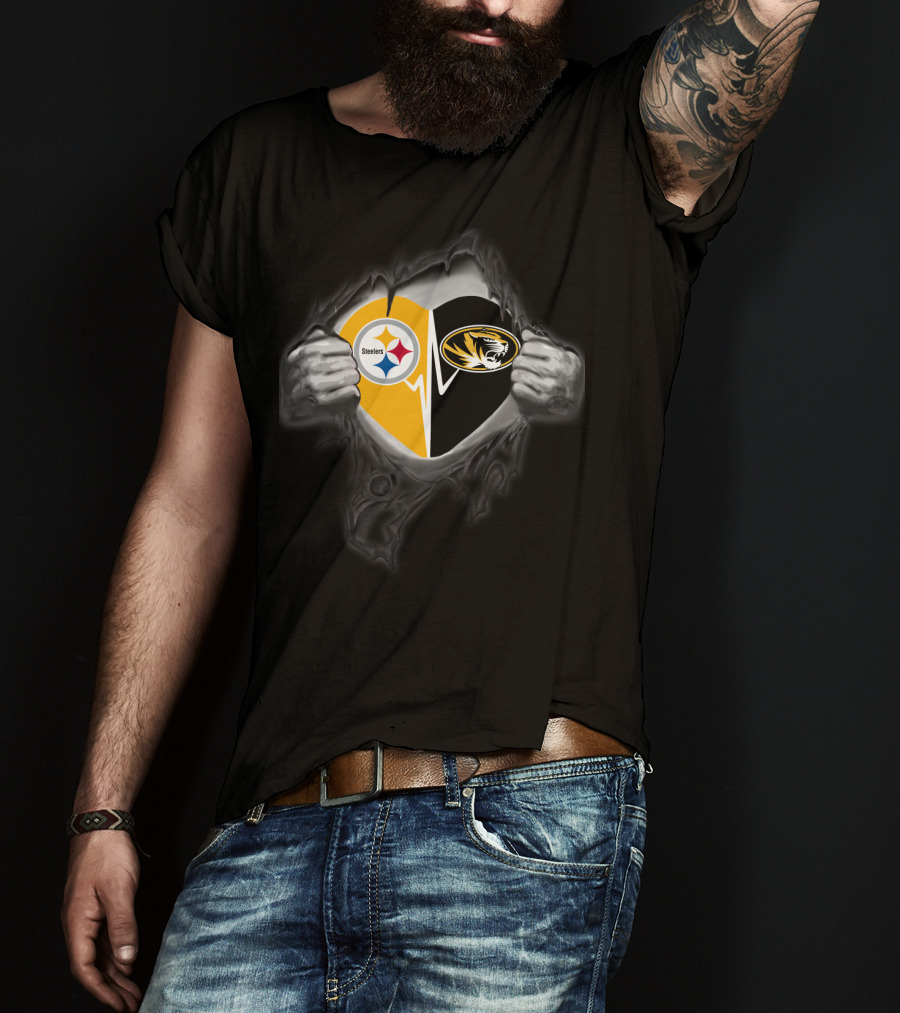 Steelers Missouri Tigers Heart Logo Fusion T-Shirt