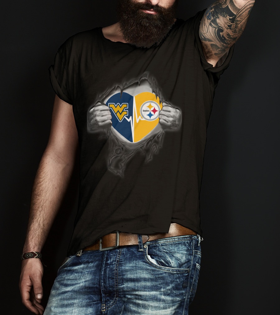Steelers West Virginia Mountaineers Heart Split With Logos T-Shirt
