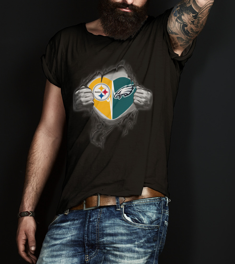 Steelers Eagles Heart Logo Dual Team Fan Pride T-Shirt
