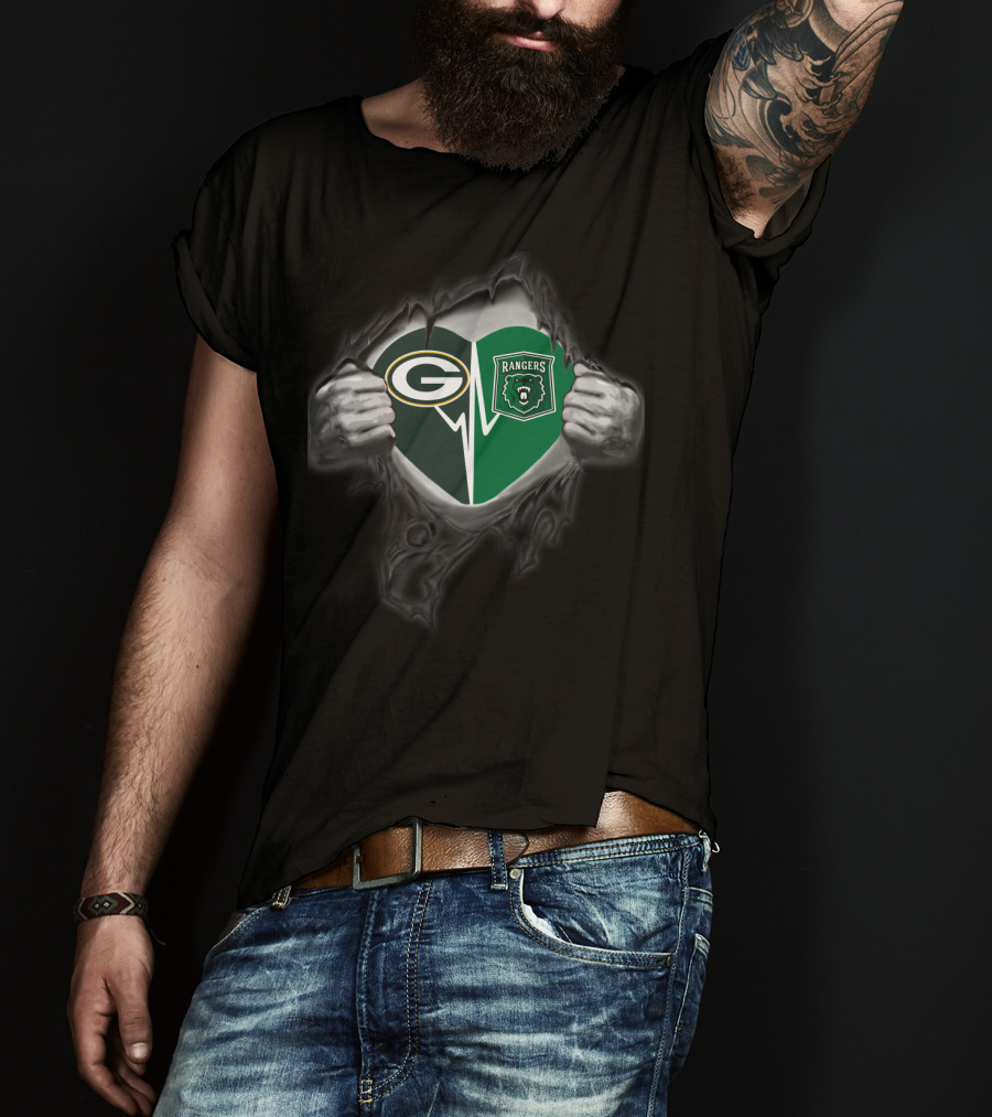 Packers Heart With Rangers Bear Green Crest T-Shirt