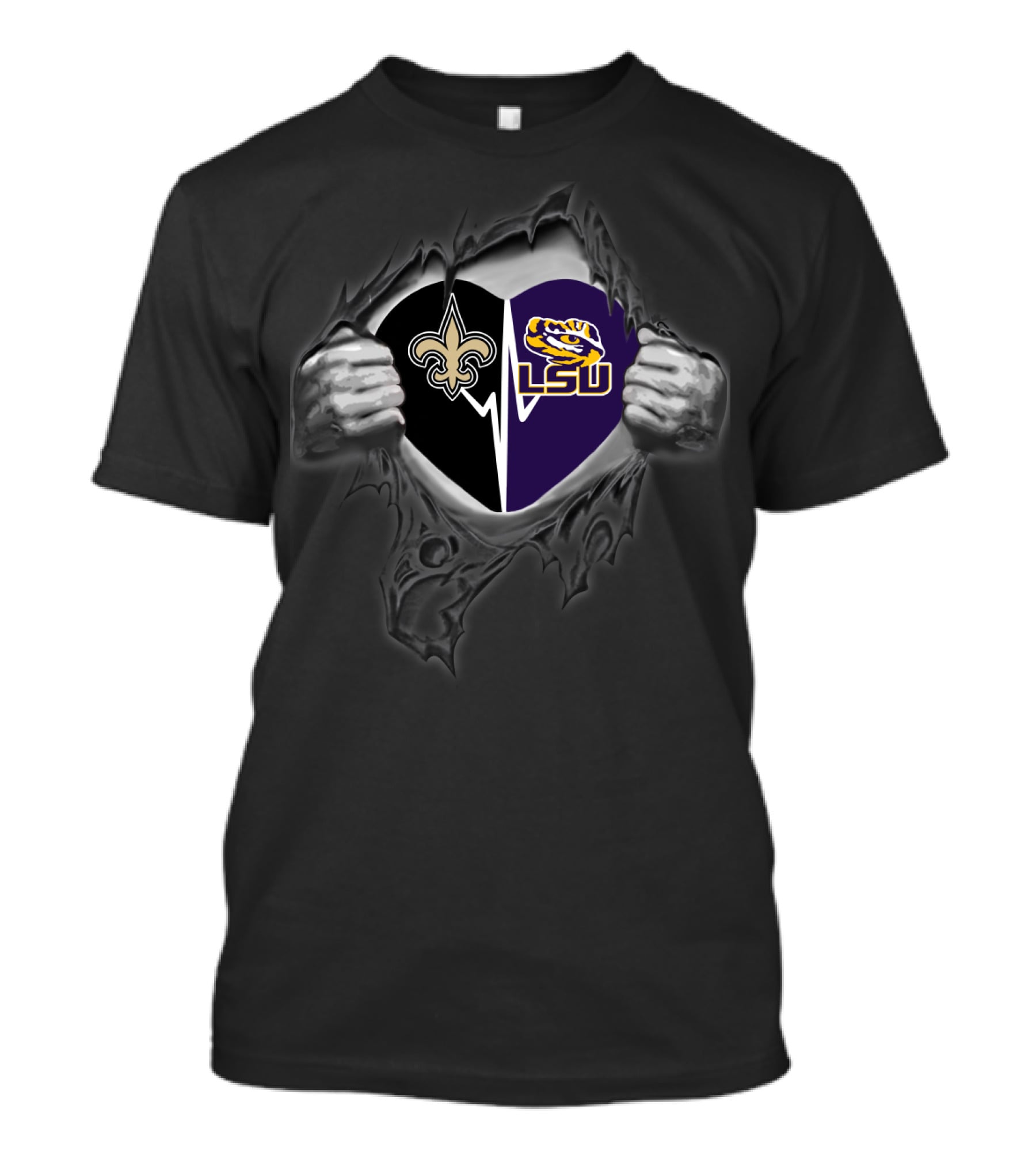 Saints And Lsu Tigers Heart Design With Torn T-Shirt