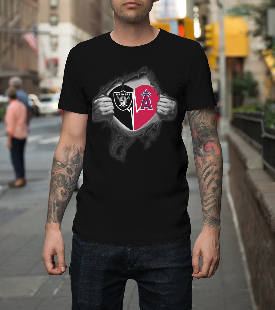Raiders And Los Angeles Angels Heart Logo Tear T-Shirt