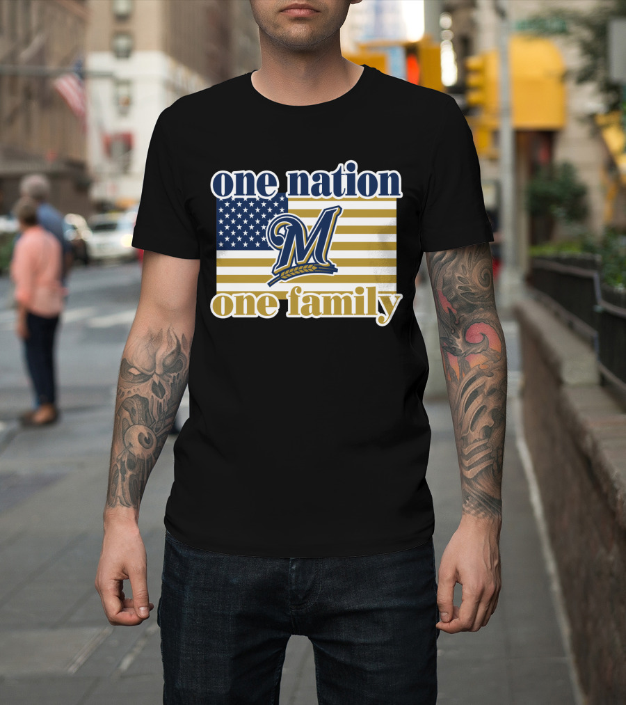 One Nation One Family Milwaukee Brewers 46 American Flag T-Shirt
