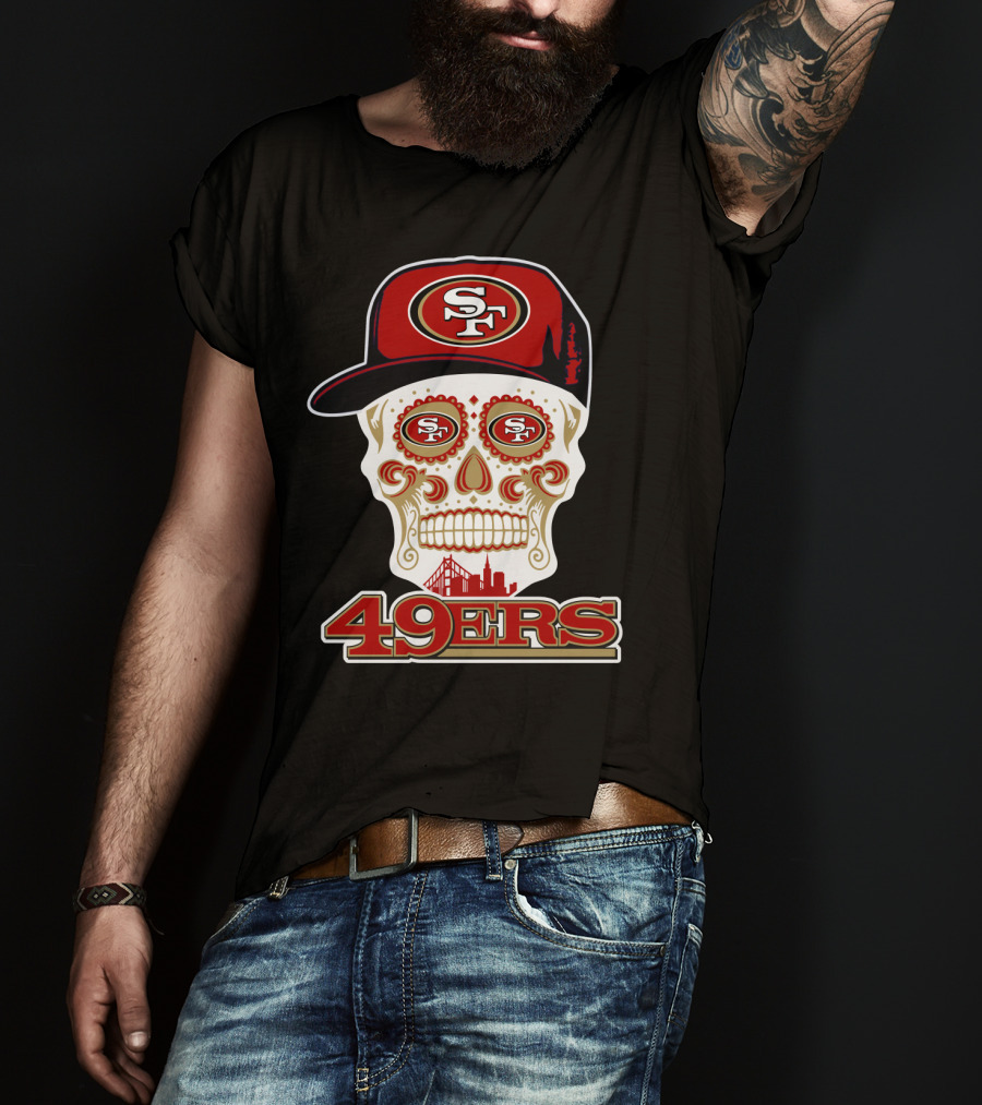 49ers Sf Sugar Skull With Cap And San Francisco Skyline T-Shirt