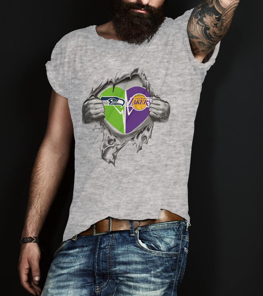 Seahawks Lakers Heart With Logos In Torn T-Shirt