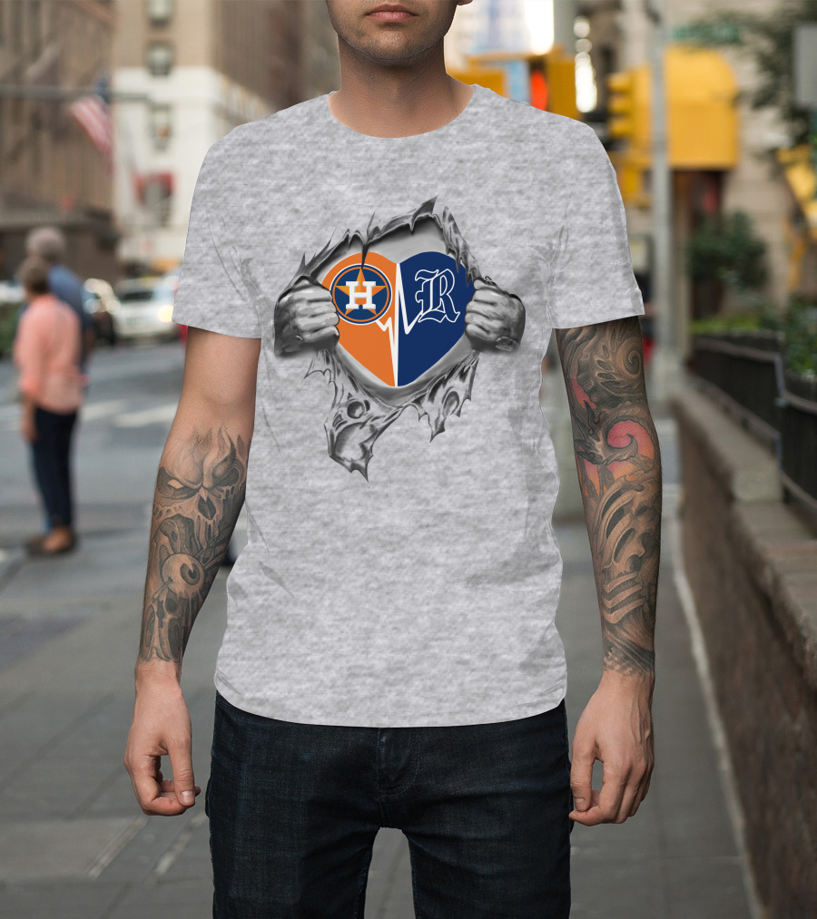 Astros Rice Owls Heartbeat Fusion With Torn Silver Grayscale Hands T-Shirt