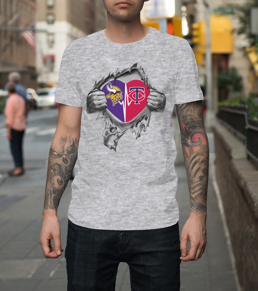 Minnesota Vikings And Twins Heart Emblem With Torn T-Shirt