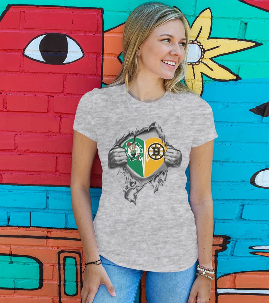 Boston Celtics Bruins Heart Inside Featuring Logos And Heartbeat T-Shirt
