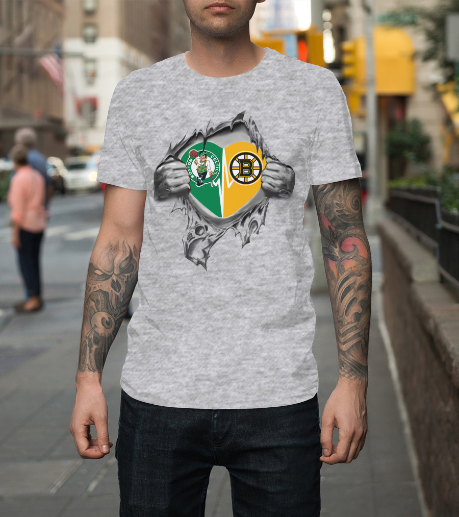 Boston Celtics Bruins Heart Inside Featuring Logos And Heartbeat T-Shirt