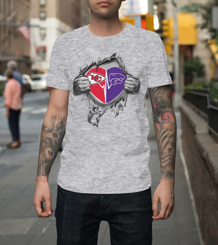 Kansas Chiefs Kansas State Wildcats Heart Logo Split T-Shirt