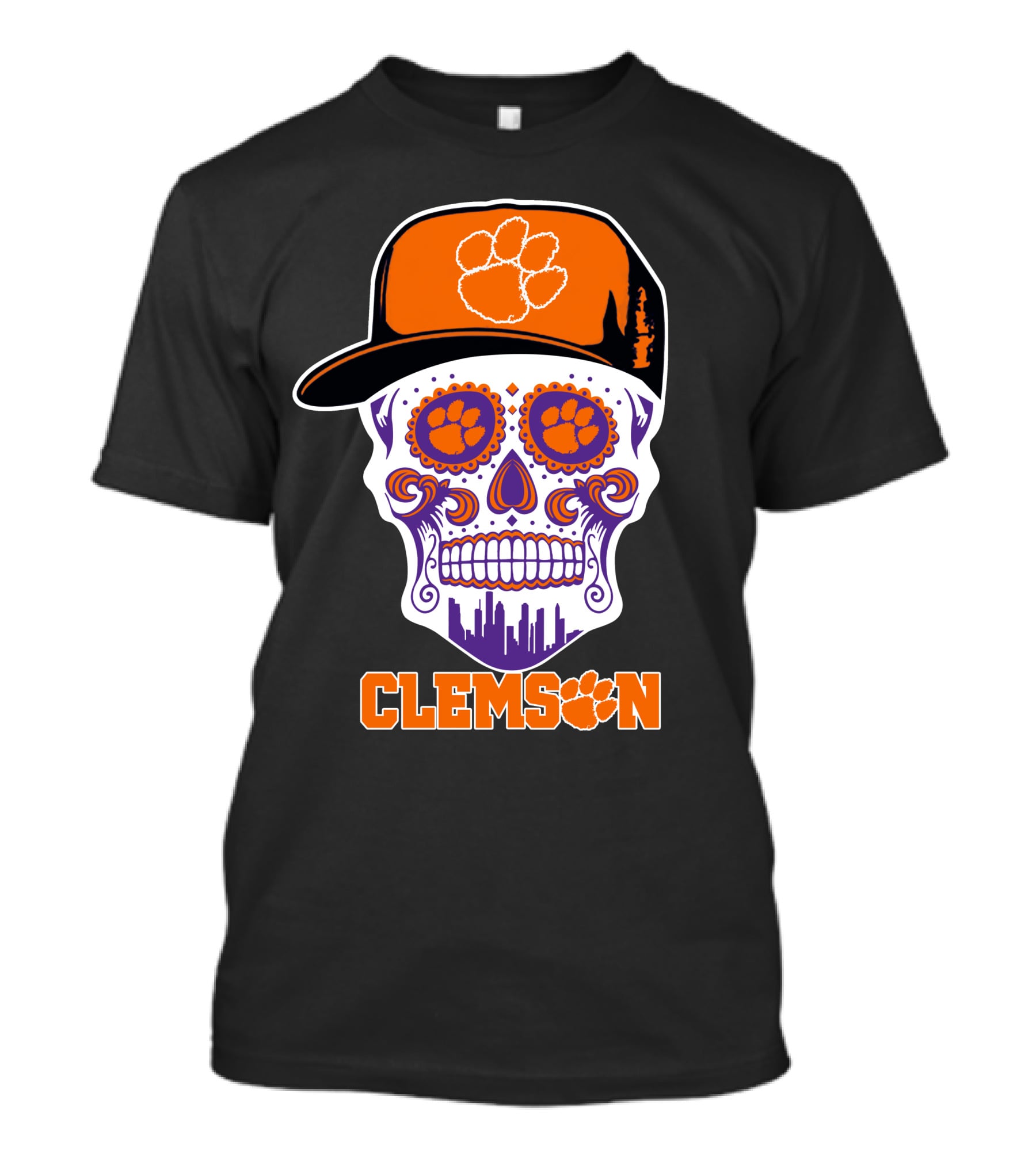Clemson Tigers Skull With Paw Pattern And Cap T-Shirt