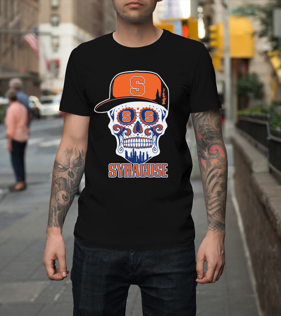 Syracuse Orange Skull With Baseball Cap And Cityscape Elements T-Shirt