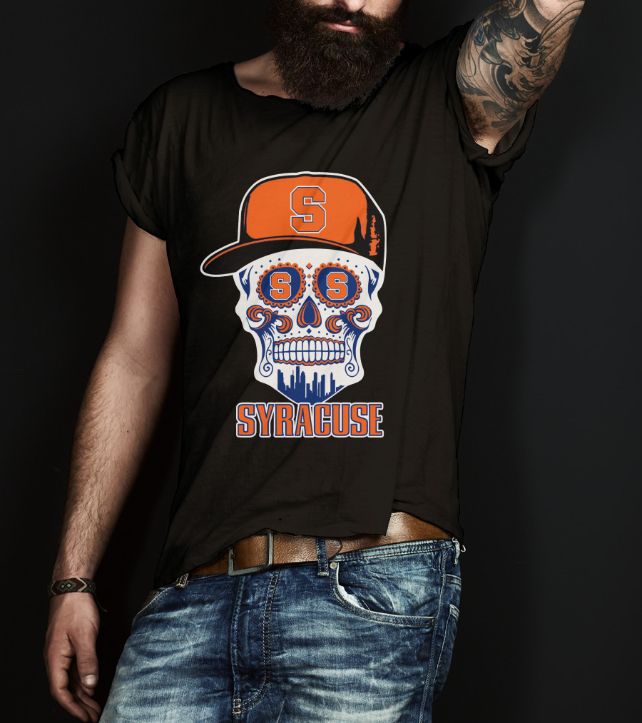 Syracuse Orange Skull With Baseball Cap And Cityscape Elements T-Shirt