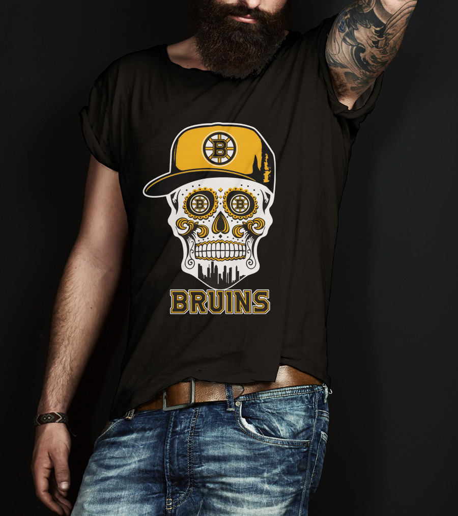 Boston Bruins Skull With Cap And City Silhouette T-Shirt