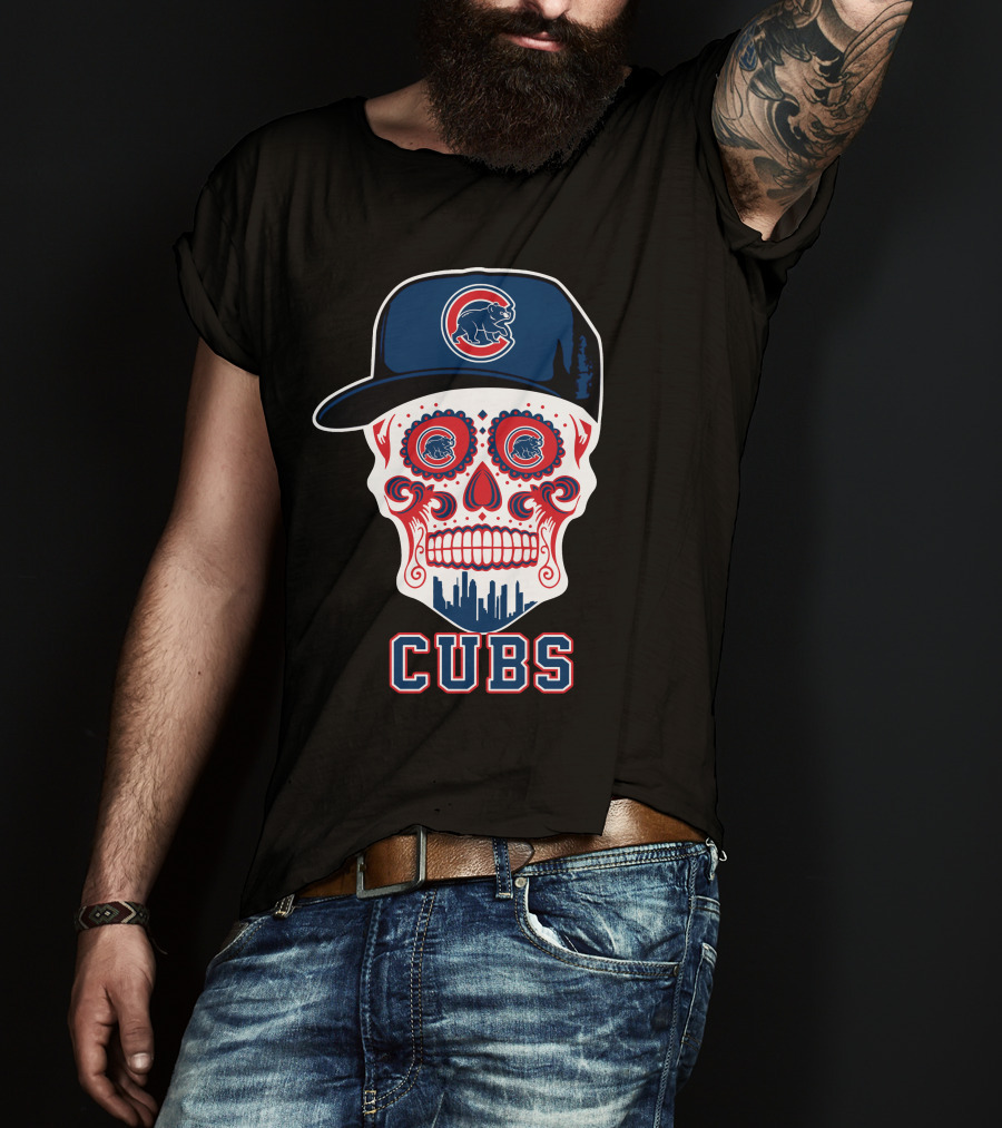 Chicago Cubs Skull Hat Red Blue Skyline T-Shirt