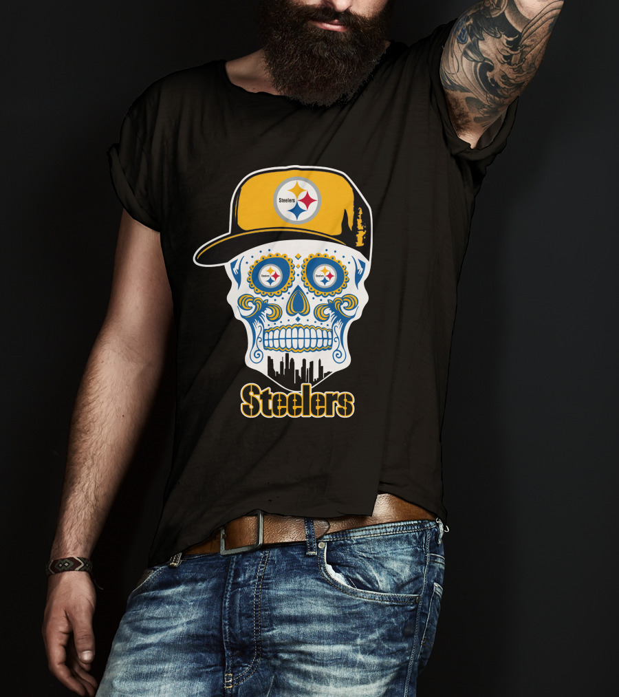 Steelers Skull With Yellow Cap And City Silhouette T-Shirt